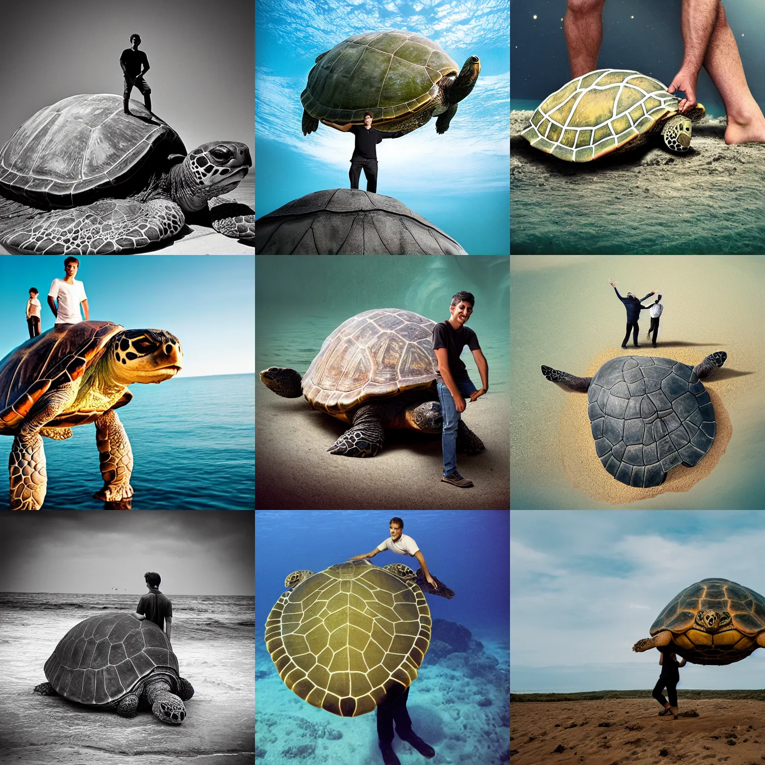 Prompt: award wining photograph of a man standing on a giant, enormous, very big turtle