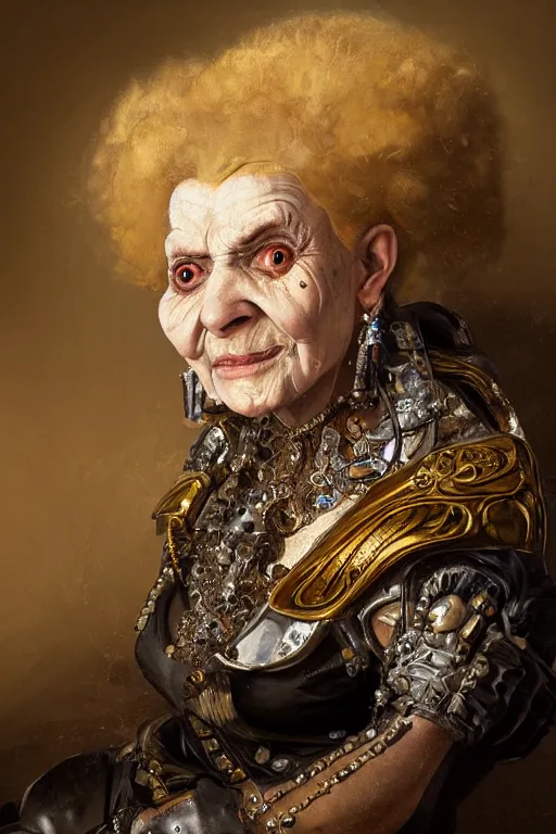 Image similar to portrait, headshot, digital painting, of a old 17th century, old lady cyborg merchant, amber jewels, implants, baroque, ornate clothing, scifi, futuristic, realistic, hyperdetailed, chiaroscuro, concept art, art by frans hals