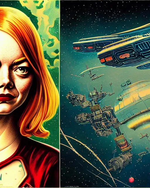 Prompt: emma stone, character portrait, portrait, close up, concept art, intricate details, highly detailed, vintage sci - fi poster, retro future, vintage sci - fi art, in the style of chris foss, rodger dean, moebius, michael whelan, and gustave dore