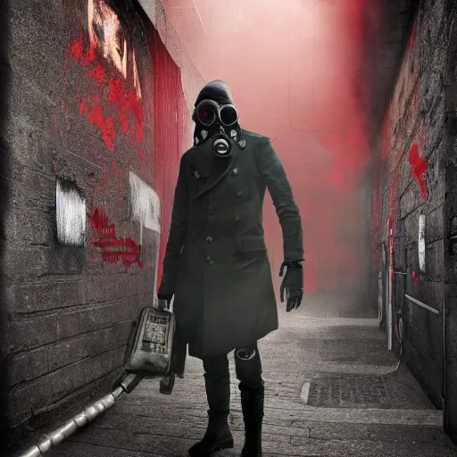 Image similar to hooden villain wearing a gas mask with red goggles, smoke coming out of his long coat, dark background, wall with graffiti, unreal engine 5, ultra realistic, detailed, fog, by greg rutkowski