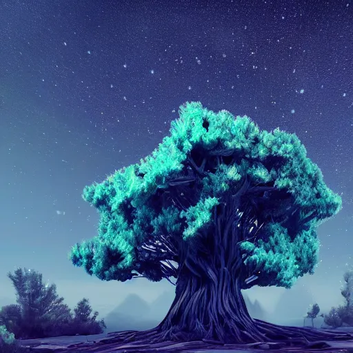 Prompt: dioptase crystal tree with a starry sky, 4 k, trending on artstation