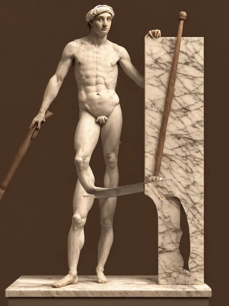 Image similar to a full body image of a twenty - something michelangelo standing in contrapposto wearing peasant clothing of the renaissance. a chisel and mallet sit on a table nearby. a large block of marble dominates the background. photorealistic, hyperdetailed, studio lighting, octane render, caustics