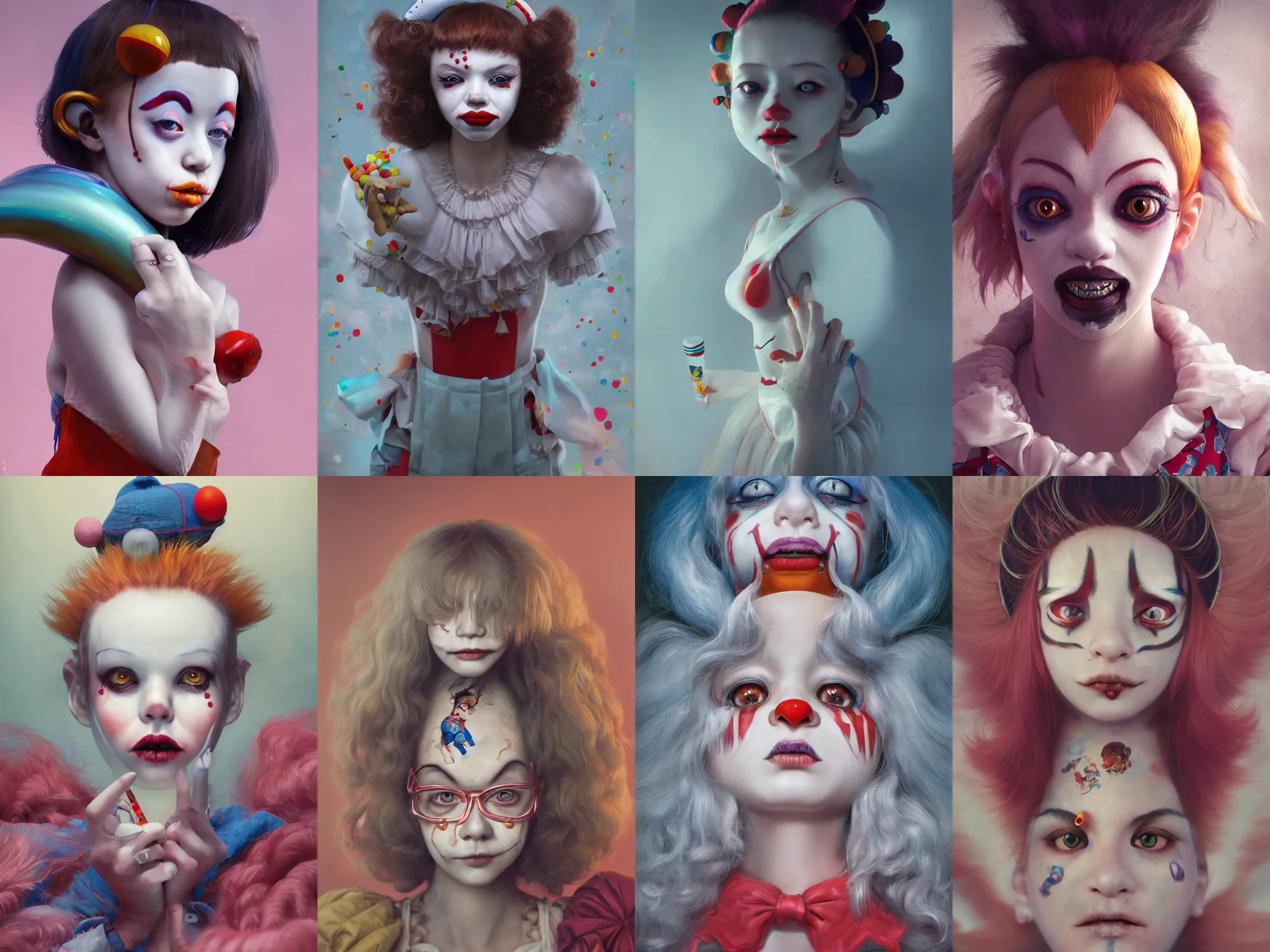 Image similar to breathtaking detailed painting of clown girl , with anxious, piercing eyes, Atari game cover art by Hsiao-Ron Cheng, James jean, Miho Hirano, Hayao Miyazaki, extremely moody lighting, hyperrealistic, octane render, RPG portrait, ambient light, dynamic lighting