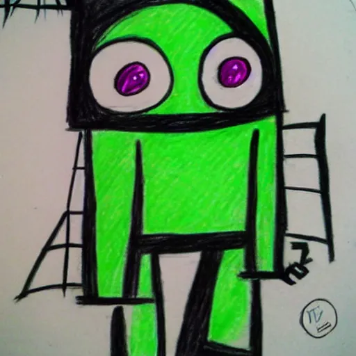 Prompt: a children's drawing of invader zim, crayon, paper,