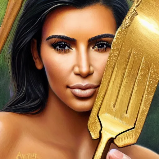 Image similar to clear portrait of kim kardashian holding a golden shovel, golden hour background, cottagecore!!, hyper detailed, character concept, full body, dynamic pose, intricate, elegant, highly detailed, digital painting, artstation, concept art, smooth, sharp focus, illustration, art by artgerm and greg rutkowski and alphonse mucha