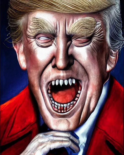 Prompt: donald trump as dracula with fangs out, character portrait, close up, concept art, intricate details, highly professionally detailed, hyperrealist, in the style of otto dix and h. r giger