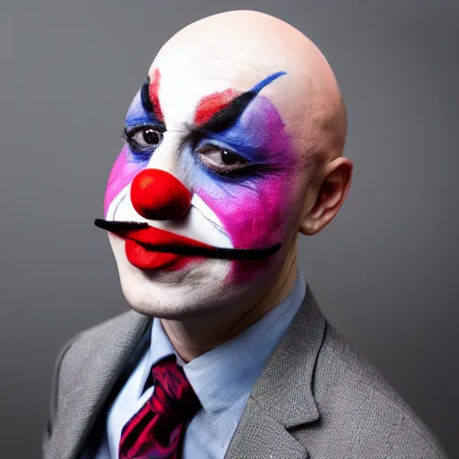 Prompt: a bald doctor wearing clown makeup