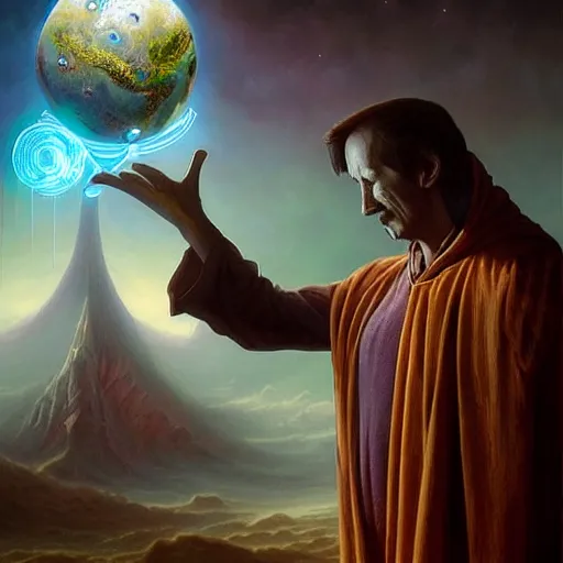 Image similar to the creator of worlds wearing a cloak and holding a holographic planet projection in his hand, detailed, sci - fi, digital painting, artstation, sharp focus, illustration, ominous, artgerm, tomasz alen kopera, peter mohrbacher, donato giancola, joseph christian leyendecker, wlop, frank frazetta