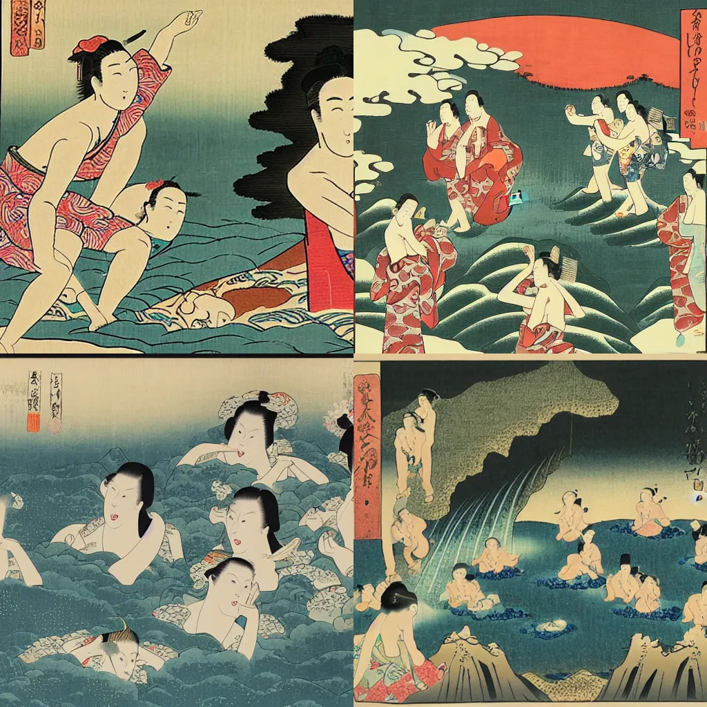 Prompt: A group of women surprised while bathing in waterfall, ukiyo-e painting