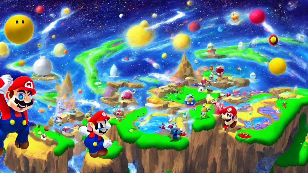 Image similar to Mario Galaxy island, painting