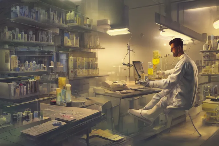 Prompt: A mixed media painting of a genetically-modified scientist-duck working in a pcr and microbiology lab, by Frank Frazetta, Greg Rutkowski, Beeple, kawaii, post-processing, low angle, masterpiece, cinematic, isometric, volumetric lighting