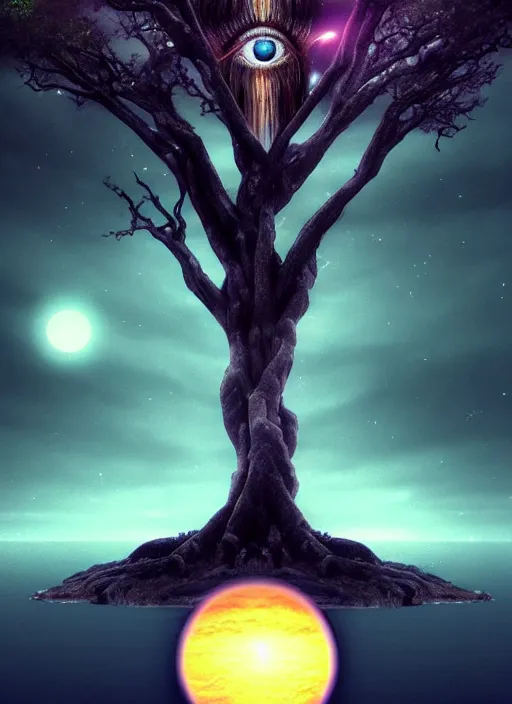 Image similar to a god tree from which planets or galaxies hang instead of futas, the tree is on top of a calm sea, in the background there is an eye whose iris coincides with the tree. fantasy art, horror, photo realistic, dynamic lighting, artstation, poster, volumetric lighting, very detailed faces, 4 k, award winning