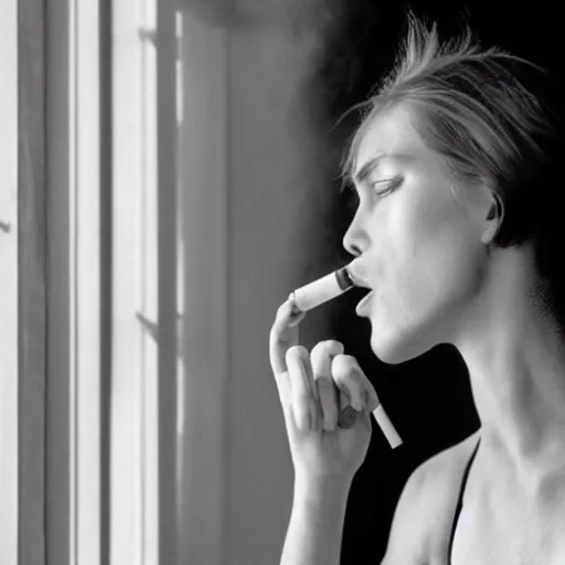 Image similar to Live Action Still of Jerma985 in a film of a beautiful model woman smoking a cigarette by the window, black and white, hyperrealistic, ultra realistic, realistic, highly detailed, epic, HD quality, 8k resolution, body and headshot, film still