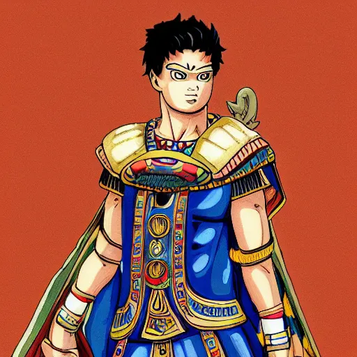 Image similar to illustration of a beautiful, athletic creature that is a half of the roman emperor augustus and a half of egyptian cat, character design, art station, epic, elegant, masterpiece of akira toriyama