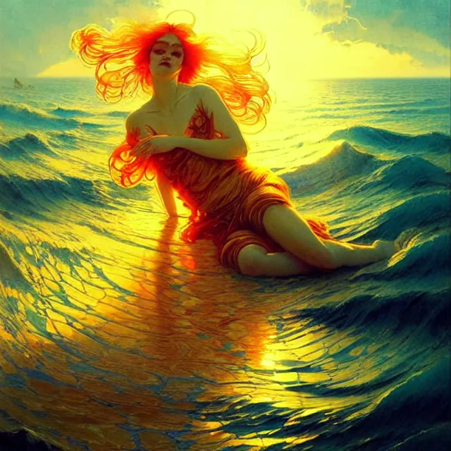 Image similar to mind bending ocean waves of glossy kaleidoscopic liquid honey drops flowing like psychedelic translucent amber, lsd waves, lsd ripples, backlit, sunset, refracted lighting, art by collier, albert aublet, krenz cushart, artem demura, alphonse mucha