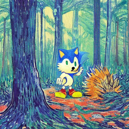 Image similar to sad painting of detailed sonic the hedgehog in the woods at night, in the style of studio ghibli and moebius and claude monet and edward hopper and vincent van gogh