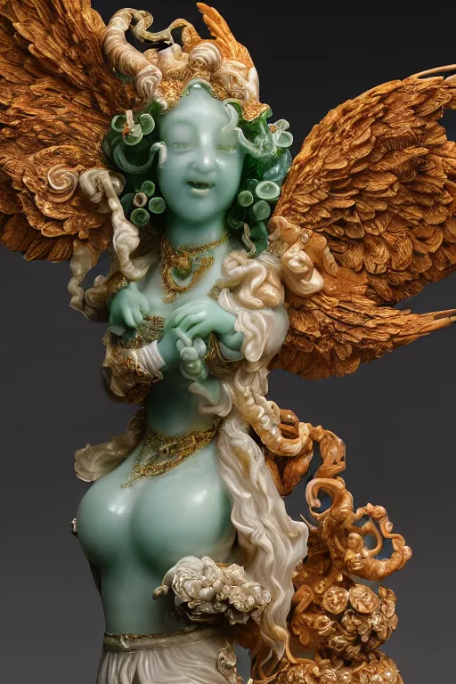 Image similar to a closeup photo, rococo alabaster and jade real delicate ceramic porcelain sculpture of an ornate detailed phoenix goddess in front of an intricate background by rafael, micro detail, backlit lighting, subsurface scattering, translucent, thin porcelain, emerald, jade, octane renderer, colorful, physically based rendering, trending on cgsociety