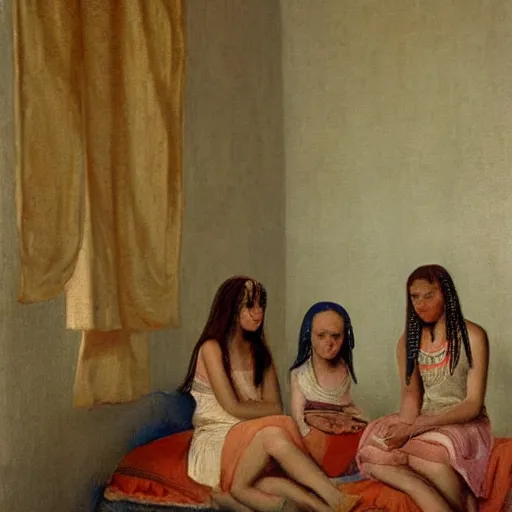 Prompt: girls in a poorly lightened dorm in ancient egypt in the style of Louis-François Aubry, French portrait painter