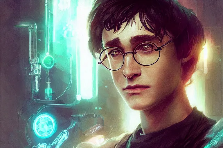 Prompt: portrait of cyborg Harry Potter in cyberpunk, neon lighting, digital art from artstation by Ruan Jia and Mandy Jurgens and Artgerm and william-adolphe bouguereau and Greg Rutkowski and Wayne Barlowe