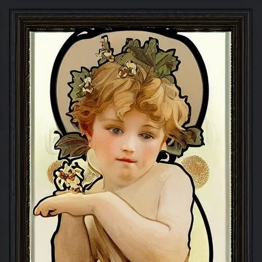 Image similar to art nouveau painting by Alphonse Mucha of a little boy with blonde hair and a round cherubic face. The painting is framed by flowers. Soft, muted colors, dreamy aesthetic.