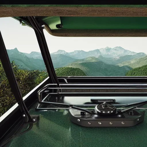 Image similar to closeup of a green Toyota Fj43 build in 1981, traveling through the mountains, black roof, with a roof rack, detailed, 8K, octane render, 8K,