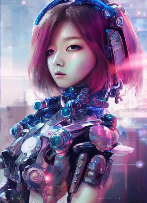 Image similar to a highly detailed portrait of a kpop idol mecha girls in spiked cyberpunk bioarmor trending on artstation by yoshitake amano, cyberpunk light, holographic undertones, 3 d cg, octane rendered, futuristic, 2 k aesthetic, dramatic lighting, 4 k, highly saturated colors