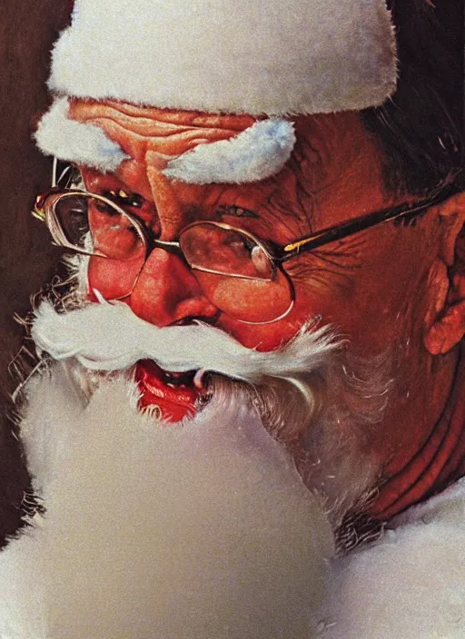 Image similar to high quality high detail painting by norman rockwell, hd, close up portrait, santa clause, muted pastel colors, photorealistic lighting