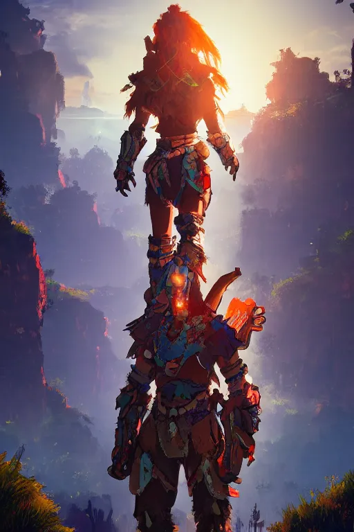 Image similar to combination suit armor aloy horizon forbidden west horizon zero dawn radiating a glowing aura global illumination ray tracing hdr fanart arstation by ian pesty and alena aenami artworks in 4 k tribal robot ninja mask helmet backpack