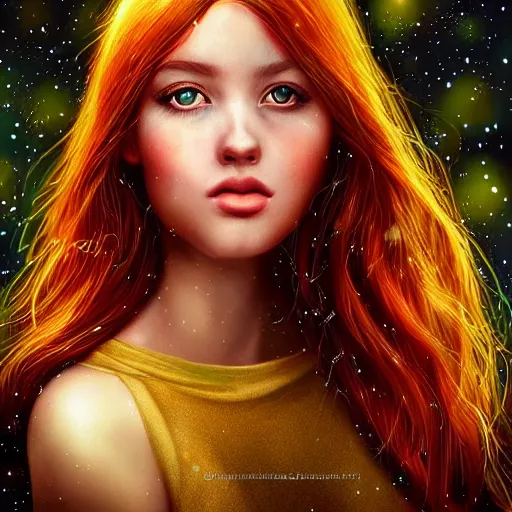 Prompt: photorealistic portrait of a red haired girl among fireflies, with a round beautiful face, amazed soft smile, long hair, green eyes, hint of freckles, golden ratio, intricate details, colorful digital art by artgerm