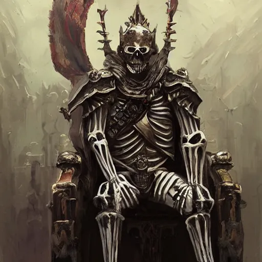 Prompt: Skeleton King wearing plate armour, resting on his throne, oil painting, by Fernanda Suarez and Greg Rutkowski