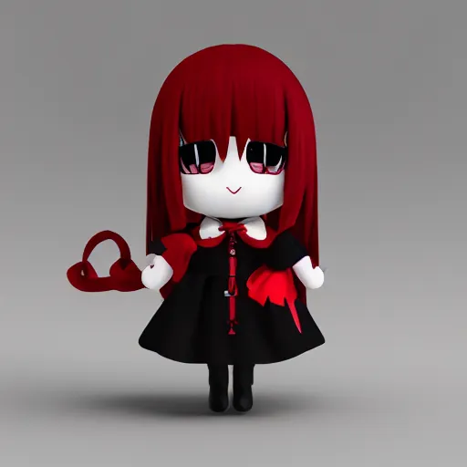 Image similar to cute fumo plush of a gothic maiden in a red and black uniform, laces and ribbons, soft shadow, anime girl, vray, white frame