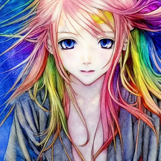 Image similar to Cute young girl in anime style with rainbow hair in the style of Arthur Rackham, pixiv, pinterest anime, art by Steve Hanks, art by Alyssa Monks, endless summer art, realistic, wide focus, 8k ultra, insanely detailed, intricate, elegant, art by Laurie Lipton, digital art by James Clyne, art by Steve Hanks