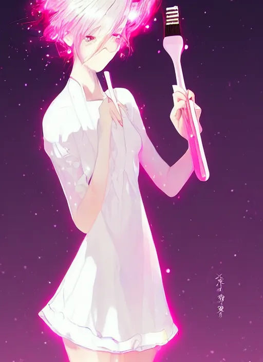Image similar to a woman in a white dress is holding a hair brush, a hologram by muqi, trending on pixiv, neo - figurative, official art, anime aesthetic, booru