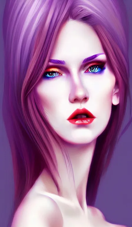 Prompt: impressive digital art portrait of a white and thin very attractive woman with light brown hair with purple tips, blue eyes, wearing a tight red low cut party dress, very attractive, facing camera,, super attractive, impressive, wow, artstation, glamour