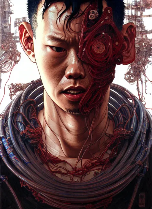 Image similar to Portrait of Tetsuo from Akira, muscular, cables, techwear, intricate, cyberpunk, highly detailed, digital painting, artstation, concept art, smooth, sharp focus, illustration, art by artgerm and greg rutkowski and alphonse mucha