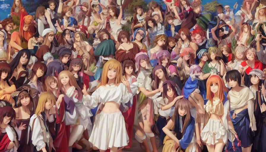 Image similar to jesus christ surrounded by cute anime girls, photorealistic, anime, mini skirt, neko, cat ears, renaissance painting, hyper real, detailed, wide angle shot, ultra detailed