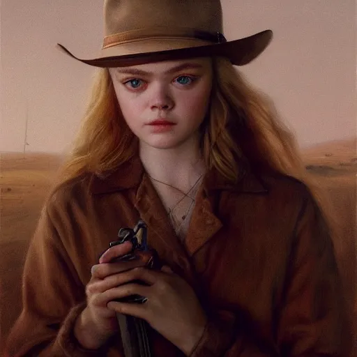 Prompt: ultra realistic portrait painting of elle fanning as a western outlaw, art by michael sowa, 4 k, ultra realistic, highly detailed, epic lighting