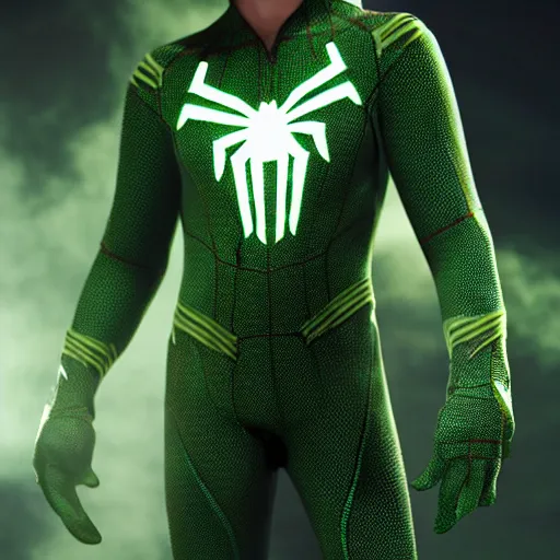 Image similar to green spider - man suit with black web lining, cinematic, volumetric lighting, realistic, hyperdetailed, photorealistic, photograph