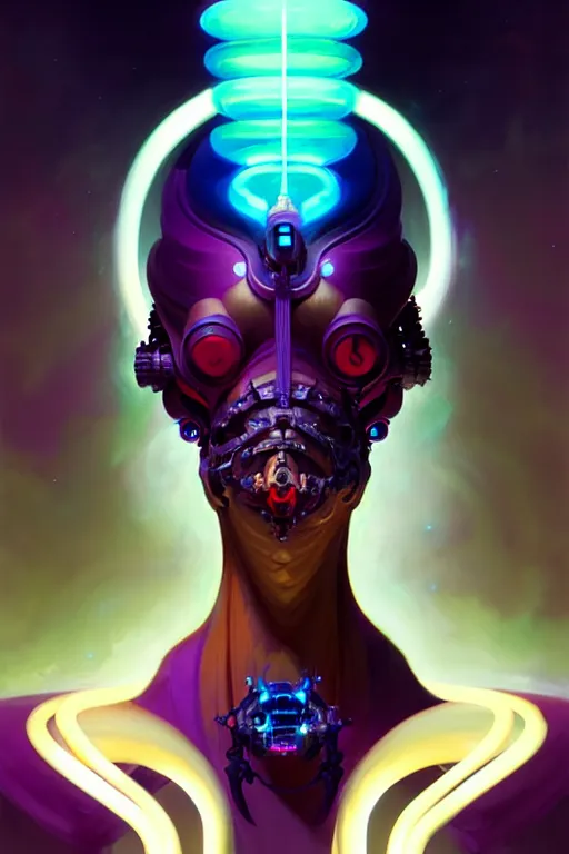 Image similar to portrait, biomechanical bioluminescent creature, cyberpunk, elegant baroque, asymmetrical art, hyperrealism colorful, vivid, imposing, epic, digital painting, artstation, concept art, by peter mohrbacher and wlop and rhads