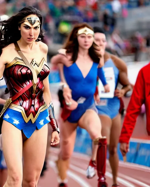 Image similar to gal gadot as wonder woman, at the 2 0 0 - meter starting line, olympic trials, sports photography in the style of neil leifer