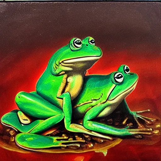 Prompt: Two frogs sitting next to each other on a pond, oil painting