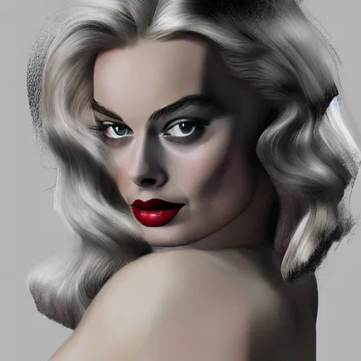 Prompt: Margot Robbie as a pinup girl, digital art, hyperrealistic