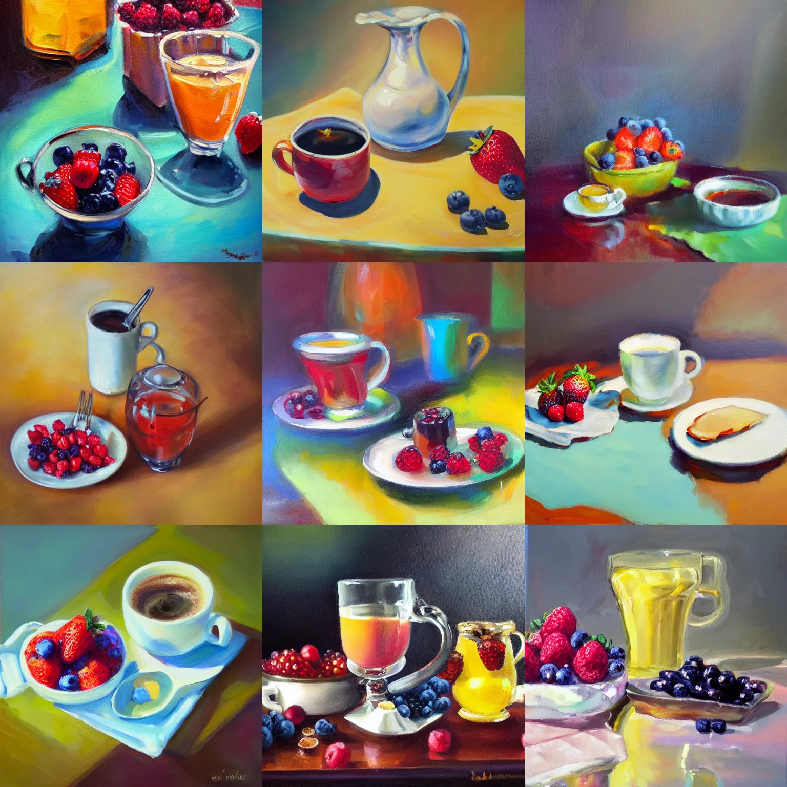 Prompt: breakfast with berries and coffee, oil painting, glassware, thick strokes, vibrant, colorful, reflections, subsurface scattering, sharp edges, hazy