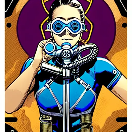 Image similar to a tarot card of a female diver with a oxygen mask intricate clockwork detailed mask with front profile by MARVEL comics and Sandra Chevrier