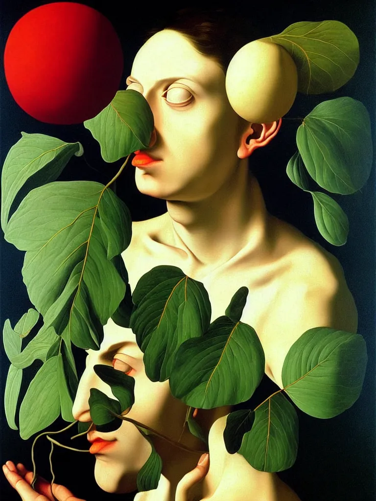 Image similar to hyperrealistic still life portrait a mind imagining itself in the form of beautiful plants, jungian archetypes, by caravaggio, surrealism, vivid colors, serene,, by rene magritte