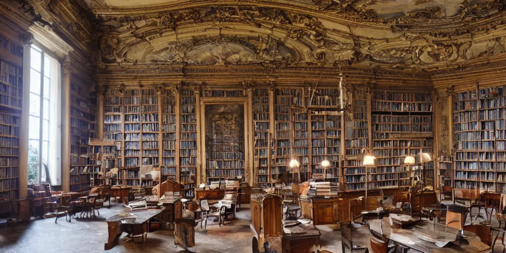 Prompt: hyperrealistic old library in Paris