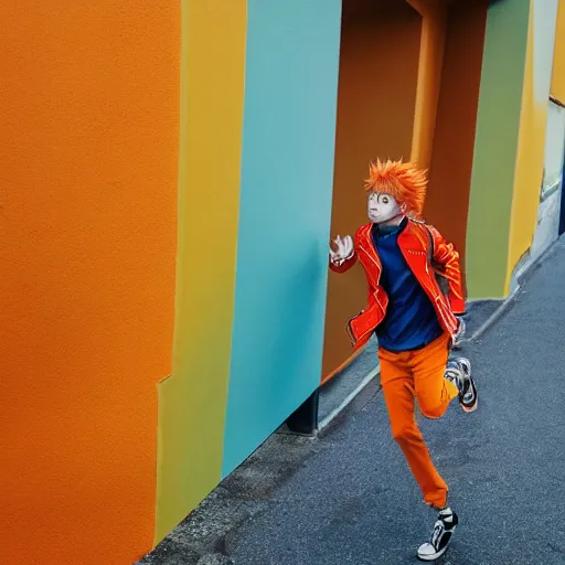 Image similar to orange - haired anime boy, 1 7 - year - old anime boy with wild spiky hair, wearing blue jacket, running past colorful building, red - yellow - blue colored building, turquoise aquamarine windows, strong lighting, strong shadows, vivid hues, ultra - realistic, sharp details, subsurface scattering, intricate details, hd anime, 2 0 1 9 anime