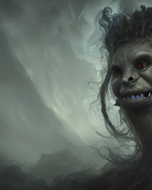 Image similar to a close up portrait of a creepy grotesque sea witch with dark turbulent skies, photorealistic, by jessica rossier, 4 k resolution