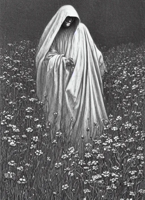 Prompt: portrait of faceless grim reaper with veil over face at distance in beautiful meadow of flowers, detailed pencil illustration by gustave dore, highly detailed, centered, high resolution, smooth, sharp focus, illustration