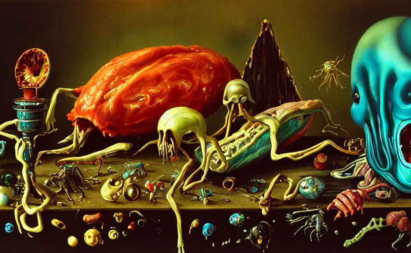 Image similar to terrifying alienbody, lurid colorful oil painting dutch golden age vanitas still life balanced composition with malignant objects strange gooey transparent surfaces shiny metal reflections bizarre mutant meat insects rachel ruysch dali todd schorr very detailed perfect composition rule of thirds masterpiece canon 5 0 mm, cinematic lighting, photography, retro, film, kodachrome